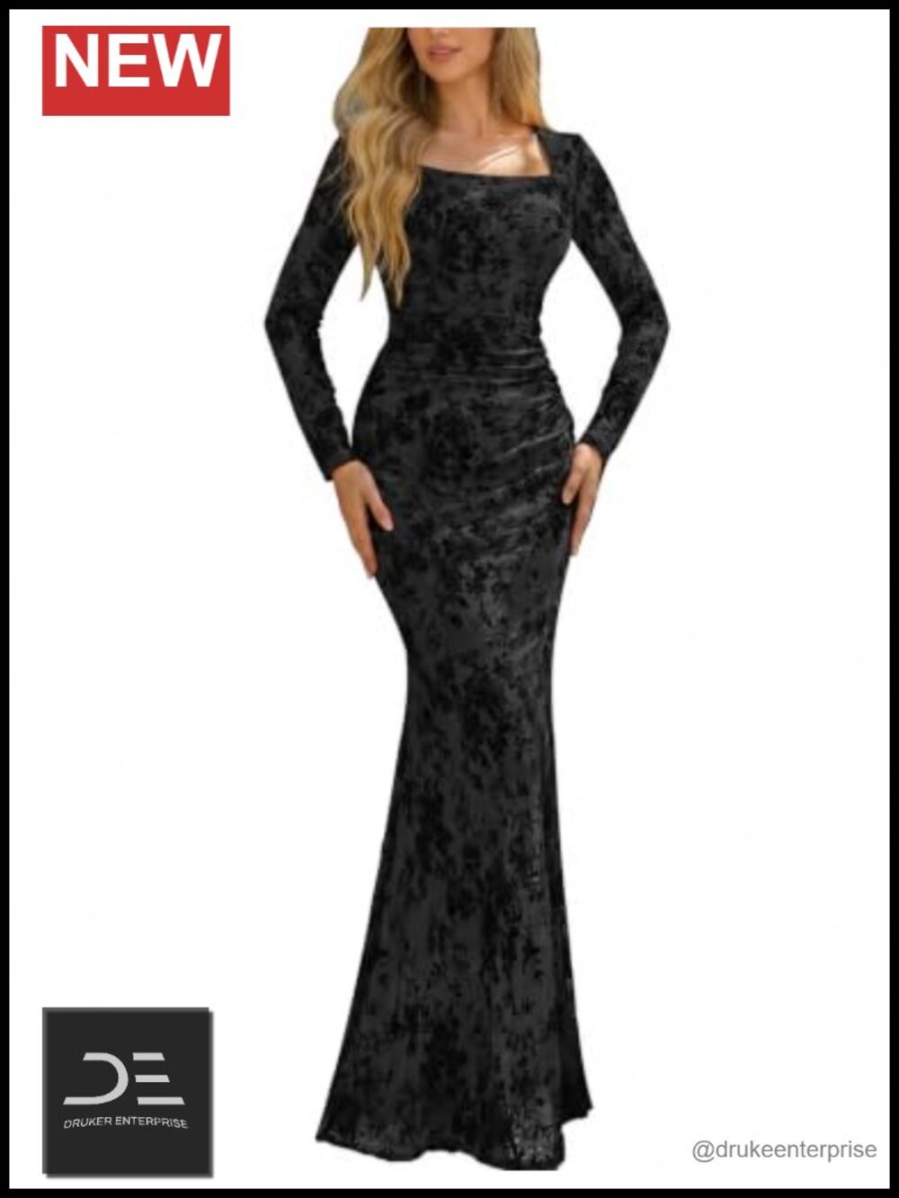 Floral Formal Evening Gown Square Neck Long Sleeve Maxi Dress